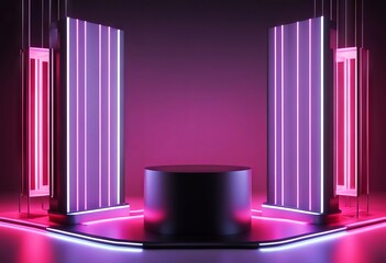 Wall Mural - elegance display black advertising 3d product background blank pedestal neon podium light dais backdrops rendering stand