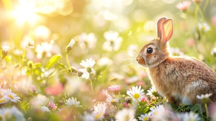 Wall Mural -  A rabbit sits in a daisy-filled field under the sun