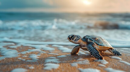 Wall Mural -  A tight shot of a turtle on a sandy beach, with the vast ocean as the backdrop and a radiant sun overhead