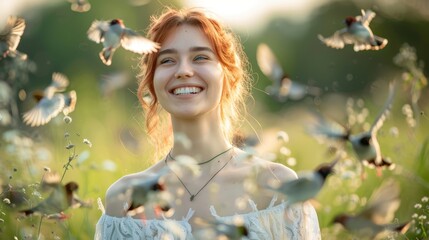 Wall Mural -  A woman amidst flowery field, birds flitting about, wind swaying her hair