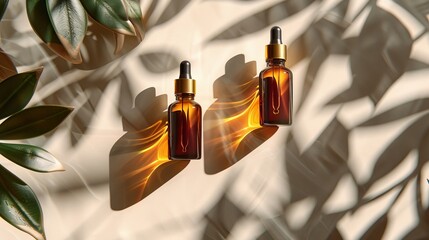 Poster -  Two bottles atop a table, near a green plant and a white wall