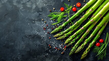 Poster -  A bunch of asparagus on a table, next to tomatoes and seasonings