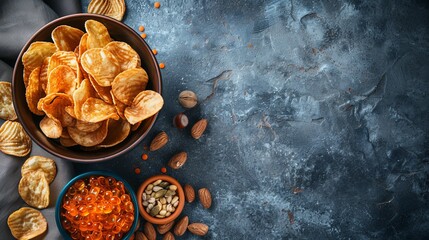 Wall Mural - 1 A bowl of crispy chips.2 A vibrant bowl of spicy chili.3 A neat arrangement of cr