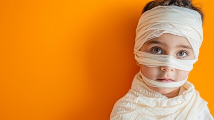 Wall Mural - A vibrant closeup photograph of a child dressed as a mummy for Halloween. The scene is set against a high-saturation orange background