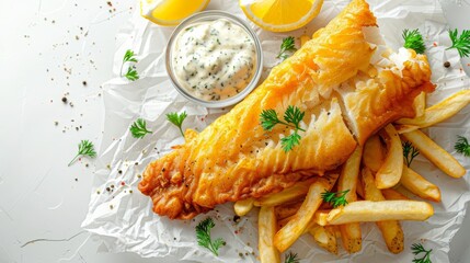 Wall Mural -  A plate holds a portion of fish and French fries Lemon wedges are served as a side A small bowl of yogurt accompanies the meal