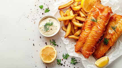 Wall Mural -  A plate holds fish and fries, accompanied by lemon wedges and a small dish of ranch dressing