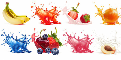 Wall Mural - splash with fruit isolated on white background, collection set  images with different fruits, 