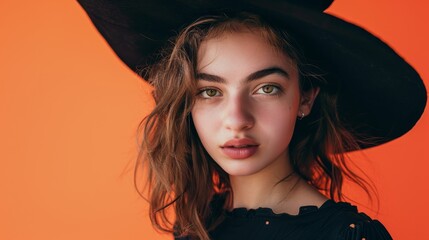 Wall Mural - A simple and clean closeup photograph of a teenage wearing a Halloween witch costume, set against a bright orange background. 