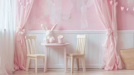 Poster - pink walls, white table, pink bunny atop