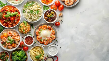 Wall Mural -  A table, laden with bowls brimming with diverse dishes, adjacent to a plate of pasta and vegetables