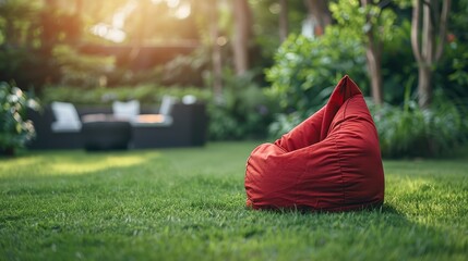 Canvas Print -  A red beanbag atop a verdant grassy field, adjoining a lush green forest