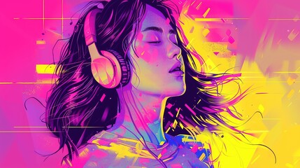 Canvas Print - Asian early 20s girl with headphones on enjoying dance music. Full body. Comic book illustration in bright pink, yellow and purple. Image glitch