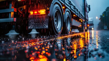 Wall Mural -  A tight shot of a truck rolling on a slick road, raindrops speckling the ground beneath it, and a streetlight casting an orange glow in the background