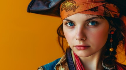 Wall Mural - A closeup photography shot of a cute teenage in a Halloween pirate costume, set against an orange background with high saturation colors.