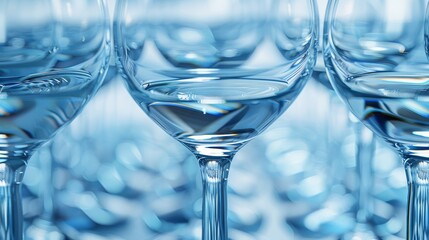 Wall Mural -  A collection of wine glasses aligned on a blue tablecloth, brimming with glasses