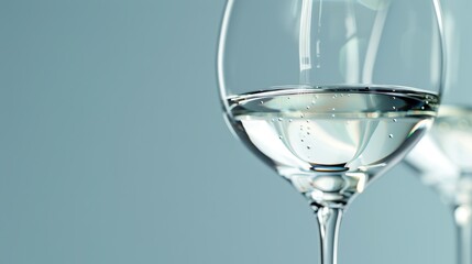 Poster -  Two wine glasses on a blue tablecloth White wall in background