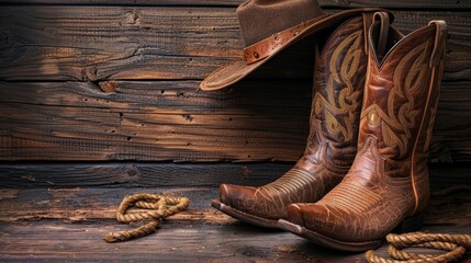 Sticker -  A cowboy hat, a rope, and two cowboy boots rest on a wooden floor before a wooden wall