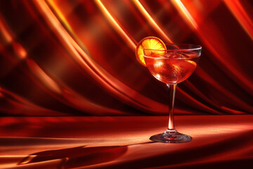 Elegant cocktail glass with orange slice garnish against a vibrant red background, ideal for festive or nightlife themes. High Quality