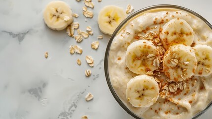 Sticker -  A bowl of oatmeal topped with banana slices and granola Nearby, sliced bananas on a marble surface