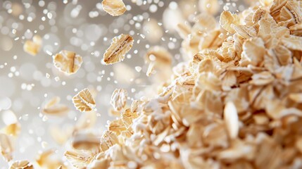 Wall Mural -  A tight shot of an oatmeal mound on pristine white backdrop, adorned with water droplets