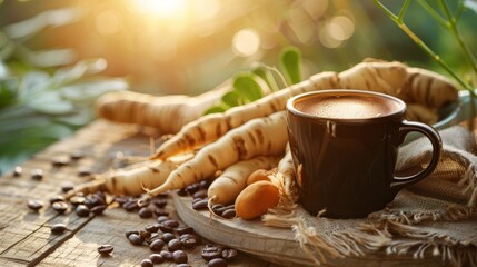 Poster -  A cup of coffee atop a wooden table, nearby coffee beans, and a bundle of green leaves