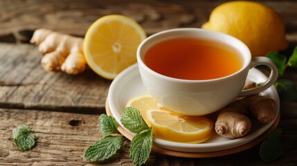 Poster -  A cup of tea rests on a plate; nearby, lemons, ginger, and a ginger stick are arranged on a weathered wooden table