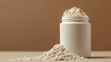 Canvas Print -  A mound of white powder rests atop a table, adjacent to a container in the same color, featuring a tightly sealed lid