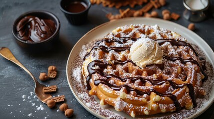 Canvas Print -  A waffle on a plate, topped with a scoop of ice cream, and nuts adjacent