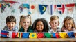 © Irina Ukrainets - Smiling children from different cultures holding world flags. Conceptual image representing unity and diversity among kids. Vibrant and cheerful style perfect for promoting inclusion and education. AI