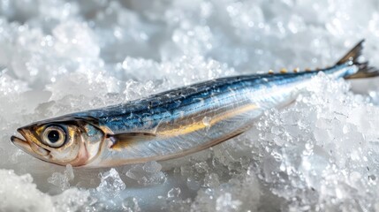 Wall Mural -  A tight shot of a fish atop a mound of ice, encircled by water droplets