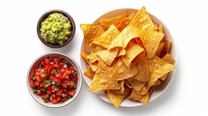  A bowl of guacamole, a bowl of salsa, and a plate of tortilla chips