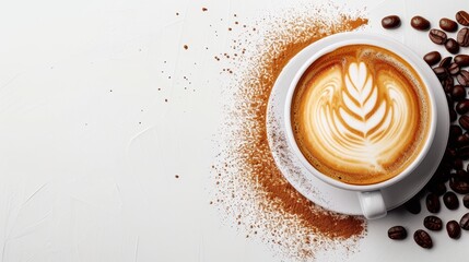 Poster -  A saucer holds a cup of steaming cappuccino, encircled by coffee beans and dusted with cinnamon