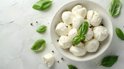 Poster -  A pristine white bowl holds an assortment of fresh mozzarella balls, topped with vibrant basil leaves The surface beneath is equally white, while a scattering of