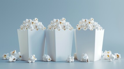 Sticker -  A collection of popcorn bags aligned on a blue tablecloth, sprinkled with white popcorn