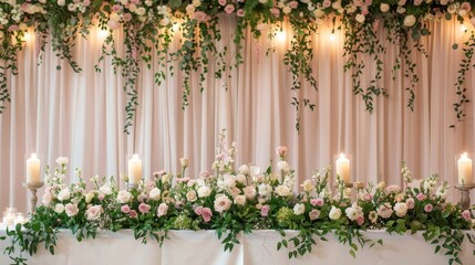 Poster -  A table, adorned with an array of white and pink blooms, adjacent to a green-covered wall and illuminated by lit candles