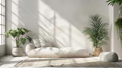 Poster -  A living room featuring a white couch, green potted plants, and a large side window