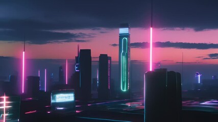 Wall Mural - Slow motion along the night street of a cyberpunk city with glowing neon lights.