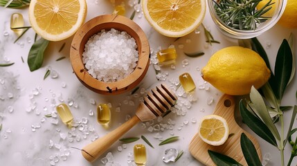 Wall Mural -  A cutting board holds a wooden bowl filled with sea salt Nearby, sliced lemons and a honeycomb rest