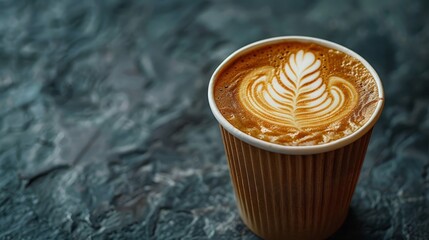 Poster -  A table holds a cup adorned with a leaf design, atop it rests a steaming cappuccino