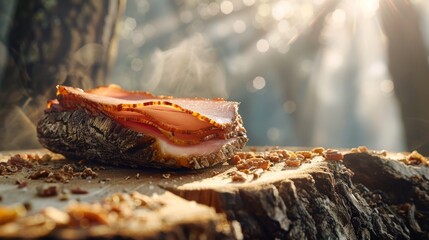 Poster -  Meat atop one wood plank, adjacent to another and a tree