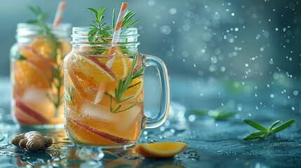 Poster -  Two mason jars, each holding a drink, are garnished with rosemary and orange slices, placed on a damp surface