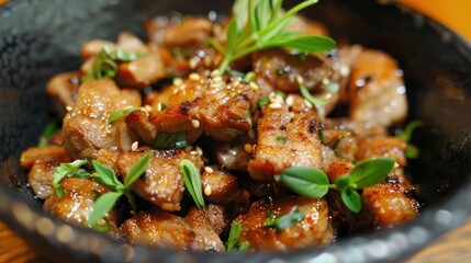 Wall Mural - Close-up of Delicious Stir-Fried Meat with Sesame Seeds