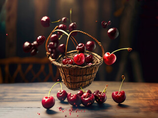 Wall Mural - cherries in a basket on wooden table