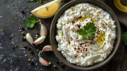 Sticker -  A bowl of mashed cauliflower topped with parsley garnish