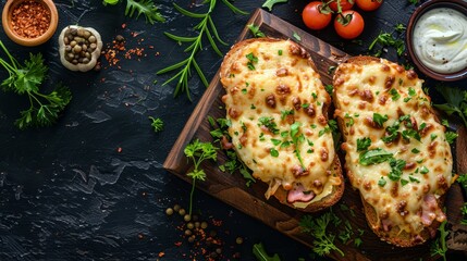 Sticker -  A wooden cutting board holds two slices of bread, each laden with cheese and toppings Nearby sits a bowl brimming with sour cream