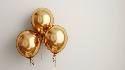 Poster -  A collection of golden balloons suspended in the air against a pristine white backdrop, each connected by a string at their base