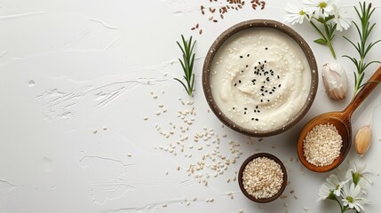 Wall Mural -  A bowl of oatmeal with two spoons nearby on a white surface