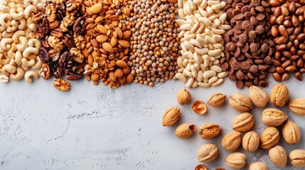 Wall Mural -  A row of nuts and nutshells on a white surface against a gray background