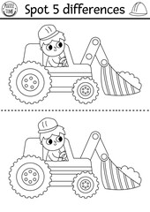 Wall Mural - Find differences black and white game for children. Construction site educational activity with boy driver in excavator. Cute puzzle for kids with worker. Printable worksheet, coloring page