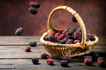 Wall Mural - boysenberries on wooden table